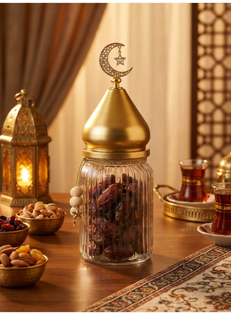 Tanseeq جرار زجاجية بقبة مسجد ذهبية لتزيين وتخزين مائدة رمضان الأنيقة - هدية عيد مبارك الإسلامية لحاوية التمر مركز المطبخ منظم متعدد الاستخدامات 34 سم - Image 3